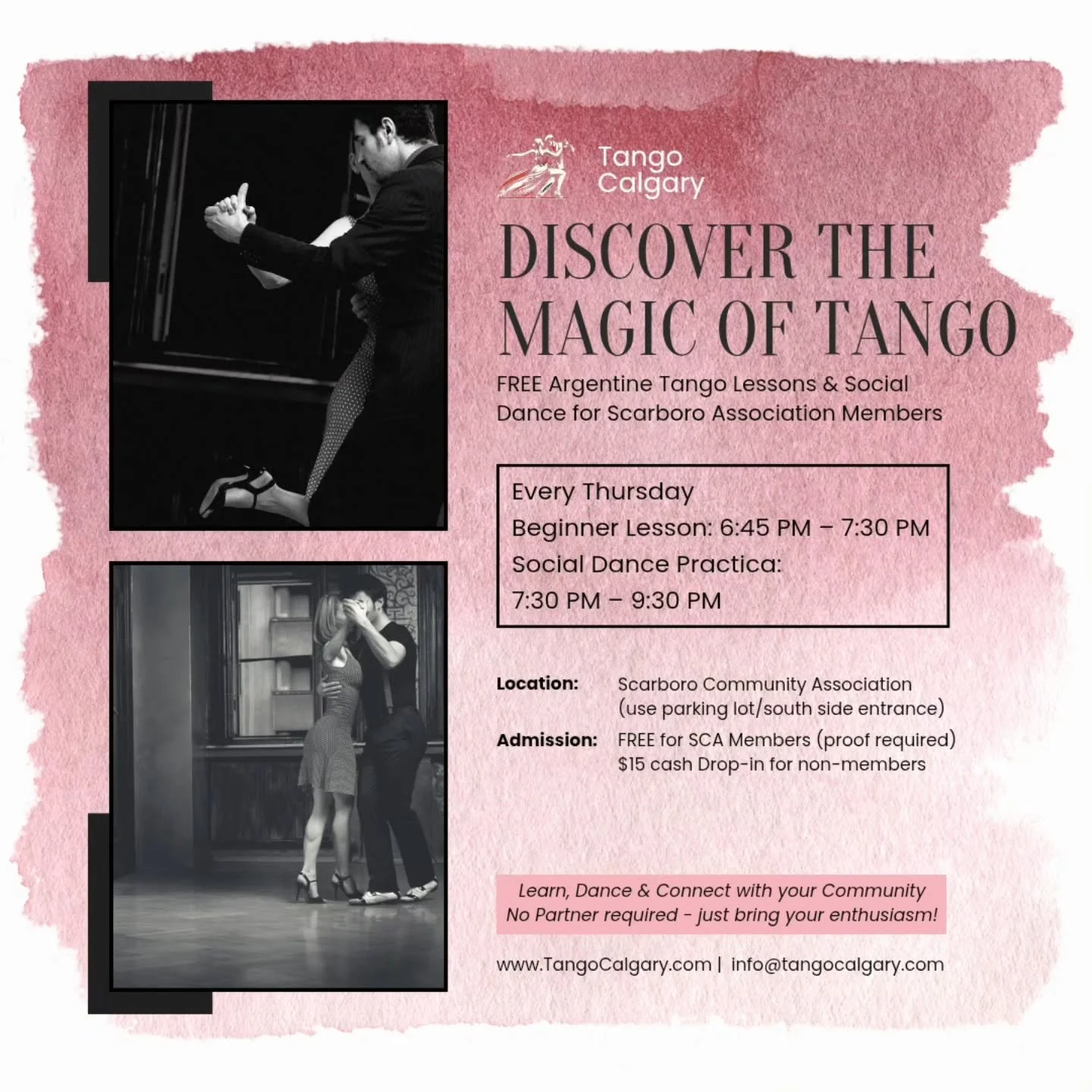 FREE TANGO LESSON FOR SCARBORO COMMUNITY ASSOCIATION MEMBERS

Thursday evenings
645pm Tango Lesson
730pm Tango Dance Social
$15/class for non-members

Location: Scarboro Comnunity Hall