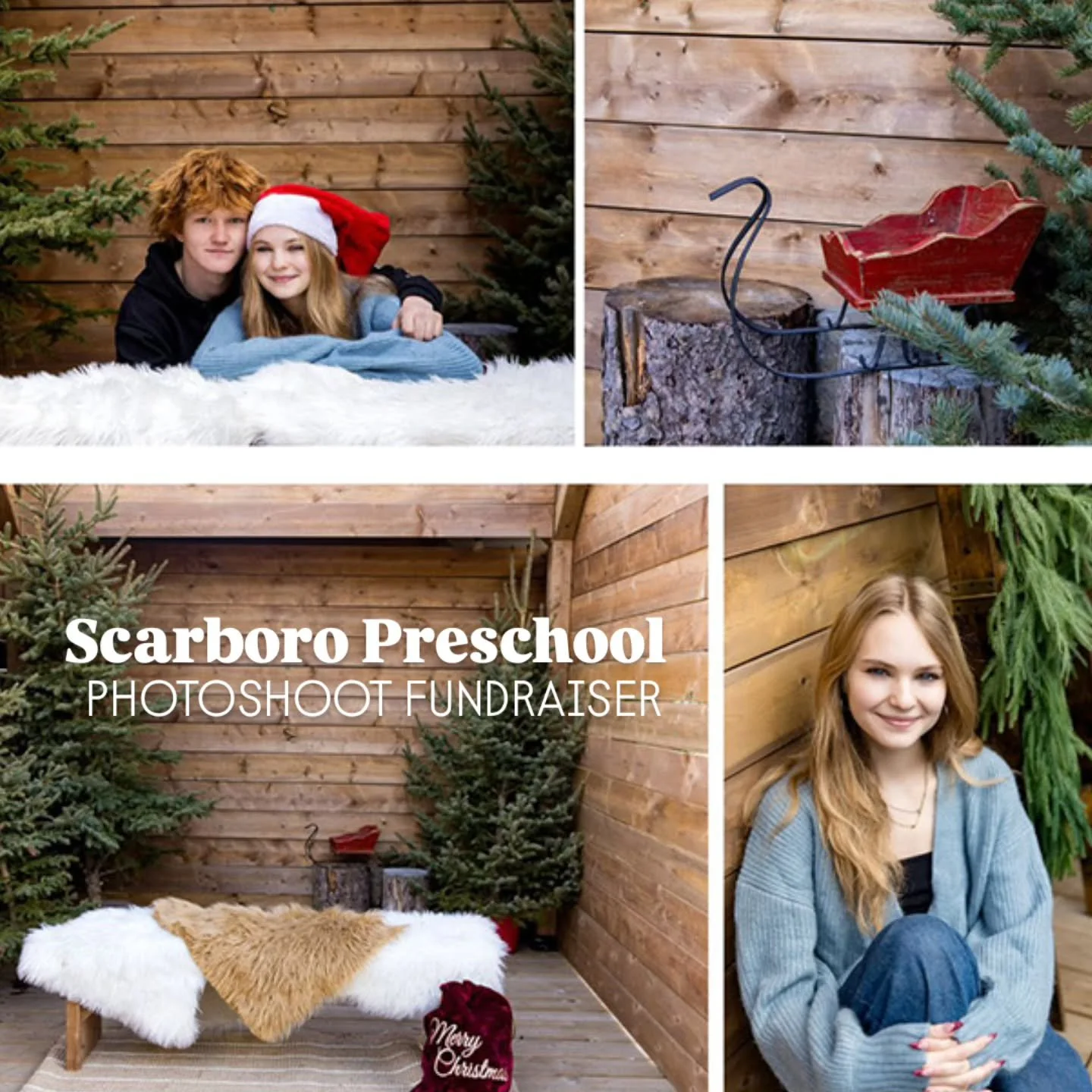With the warm weather continuing, into the weekend, the Scarboro Preschool Fundraiser is taking full advantage.  Photos will now be taken outdoors!! Our photographer, Janet has set up a gorgeous Holiday Photo Nook in her backyard.  It is cozy, minima