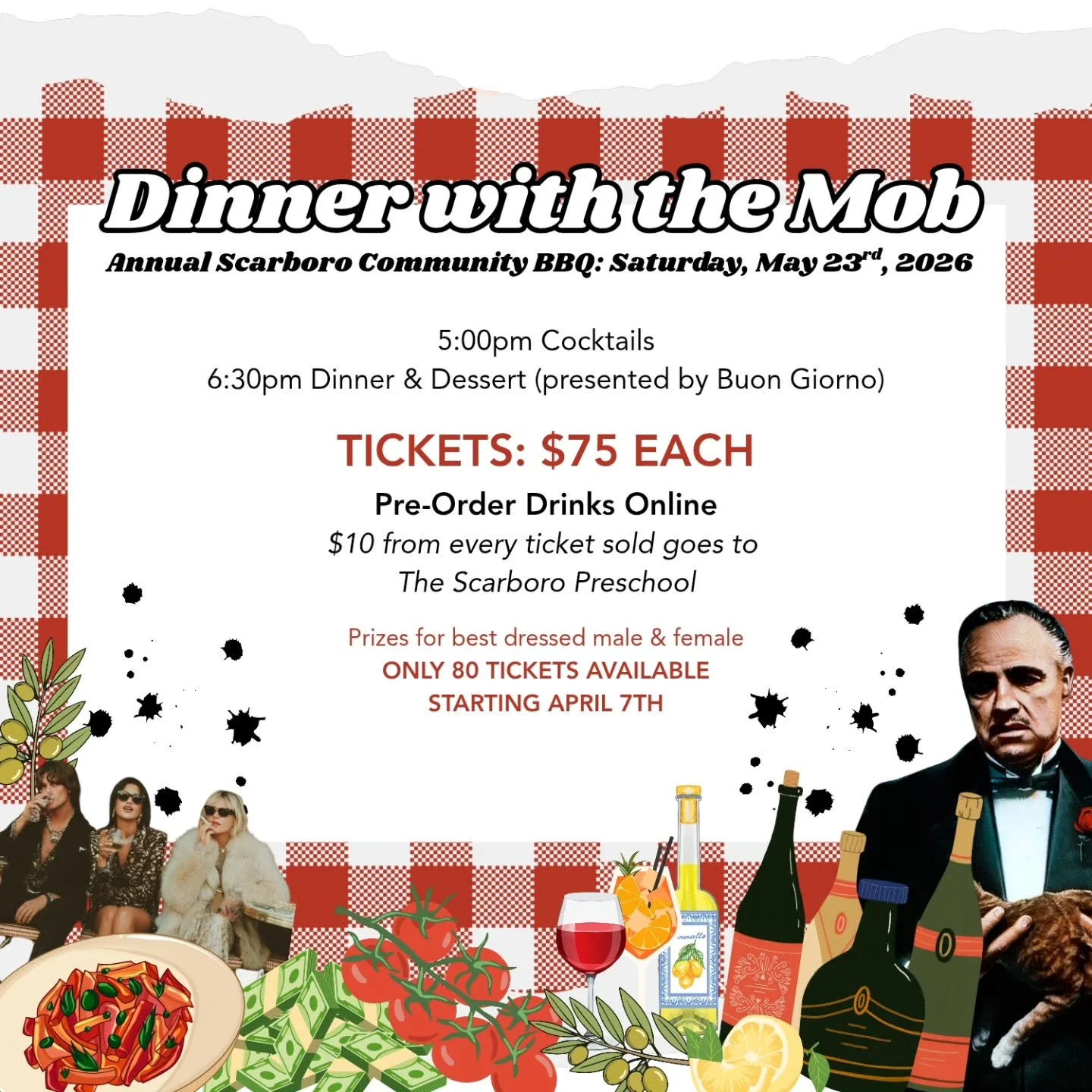 ANNUAL SCARBORO COMMUNITY BBQ "Dinner with the Mob" // Saturday, May 23rd, 2026.

Tickets go on sale April 7th (link in bio)
Pre-order your drink tickets for a discounted rate when you purchase your dinner ticket.

Catering by @buongiornoyy