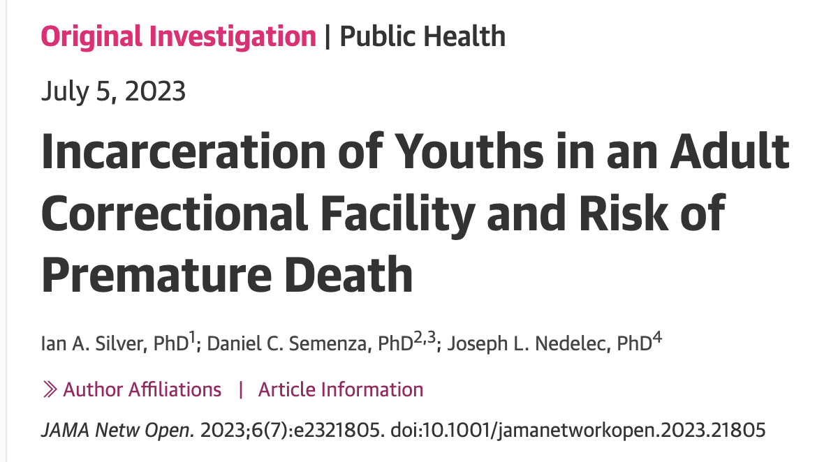 In this cohort study of 8951 youths, incarceration in an adult correctional facility before the age of 18 years was associated with a 33% increase in the risk of mortality between 18 and 39 years of age.