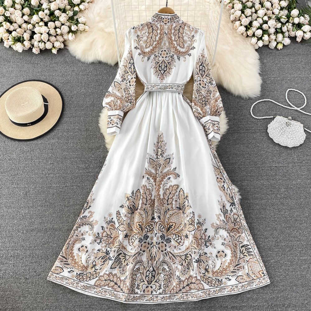 Beige Ethnic Style Long Dress With Belt