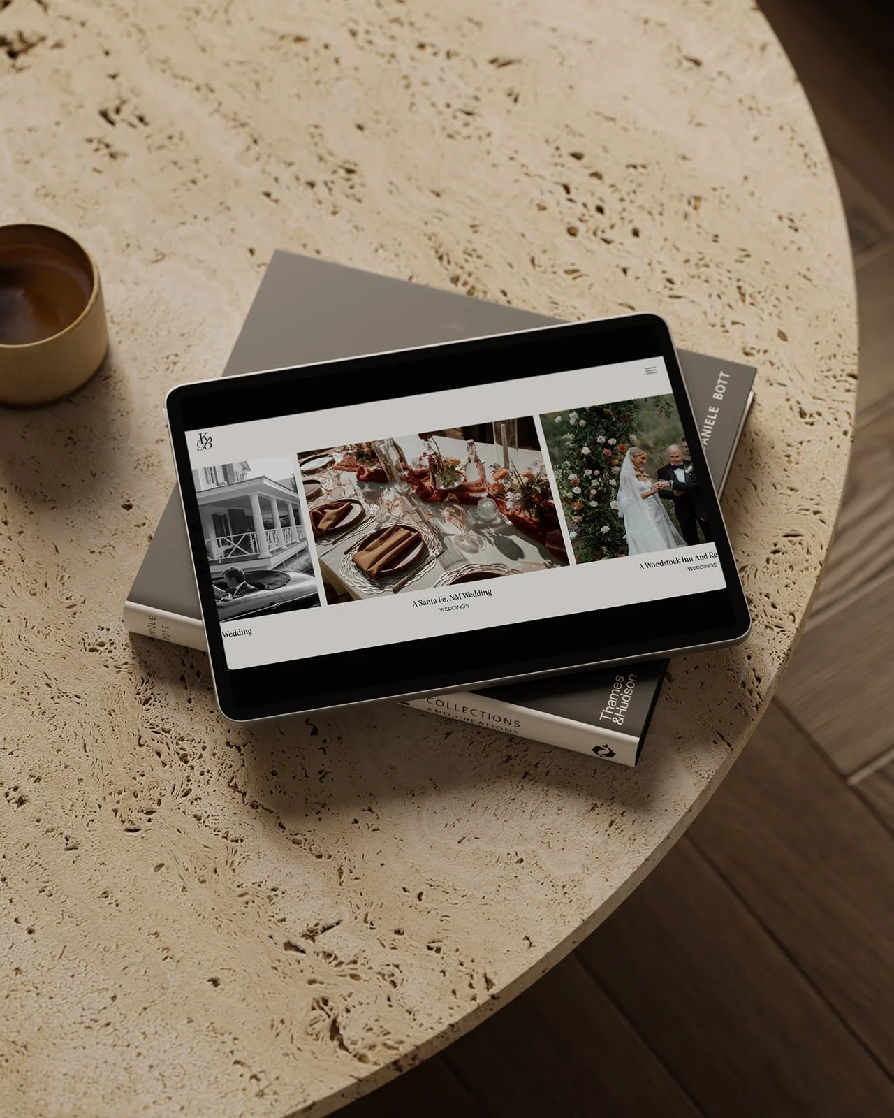 wedding squarespace portfolio website on an ipad on a coffee table