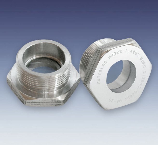 With some research, we were able to source Metaglas Type 61 Sight Glass, which has a pressure rating of 50 bar (725psi).