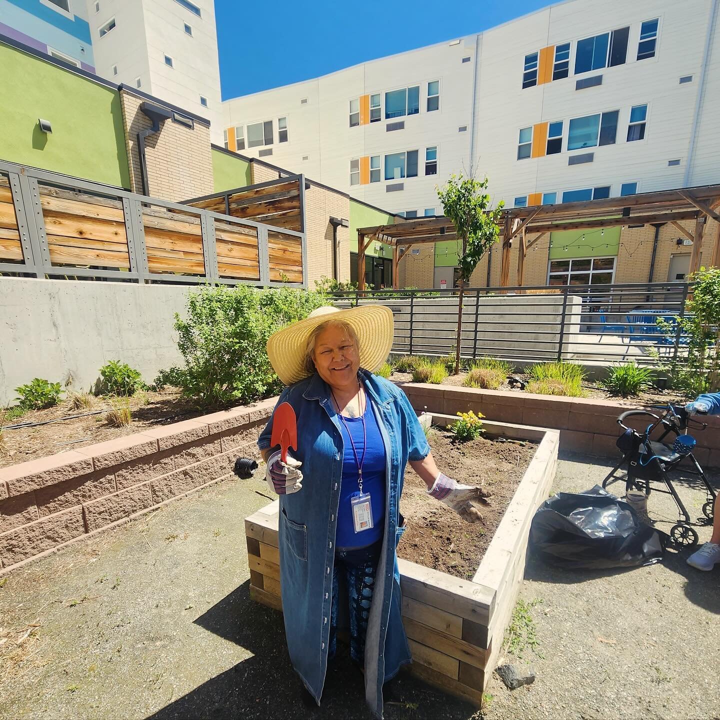 Spring has officially sprung at Delores as our gardening efforts are officially underway. Here&rsquo;s supportive housing resident Sandy getting into the spirit! Thank you to the kind soul who sent us these perfect sun hats for our gardening guests a