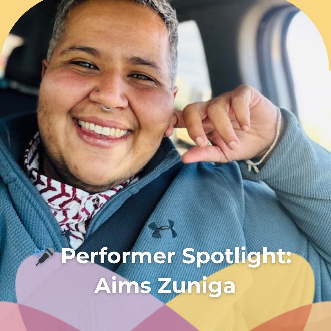 🎤 Performer Spotlight: Aims Zuniga

Aims (they/them) is part Chilean comfort-food magic, part Nebraskan sweet corn, and entirely their own radiant force. A fat, kinky, trans, brown/POGM, poly creator, caretaker, and cat dad to five, Aims moves throu