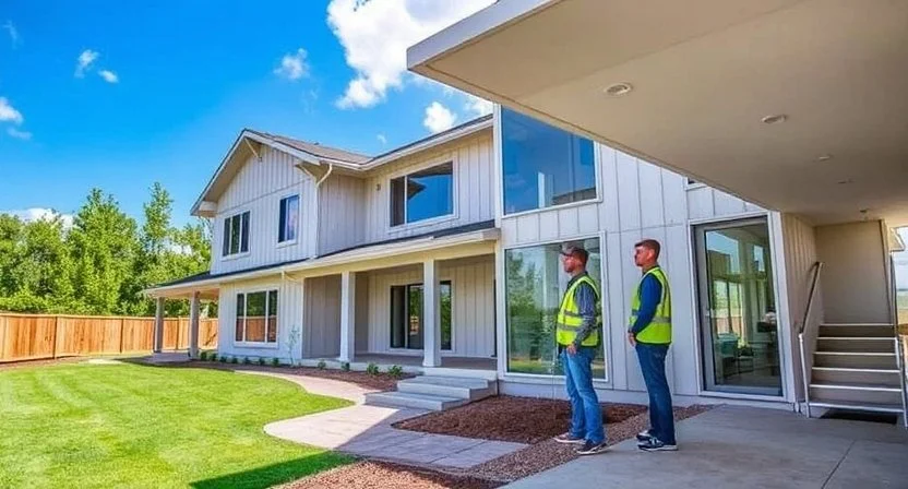 Two men in high-visibility safety vests standing outside a newly constructed modern two-story house with large windows, under a blue sky with clouds, on a well-manicured lawn.