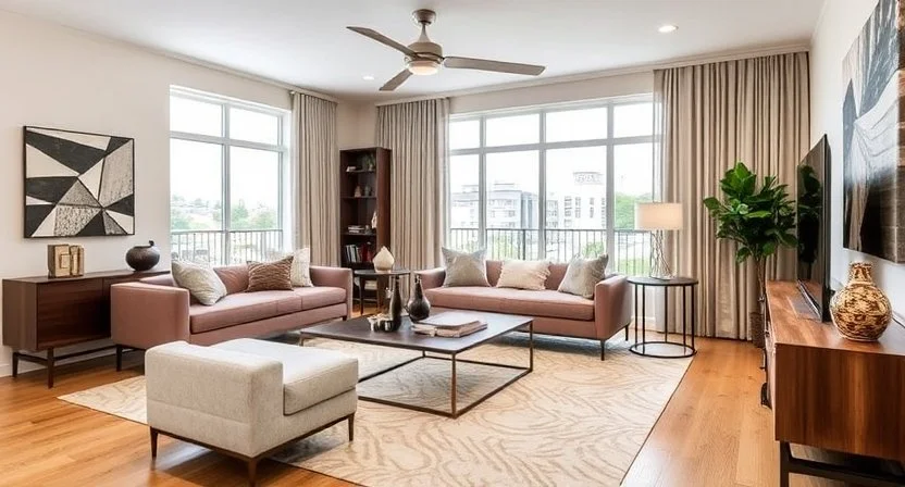Modern living room with two pink sofas, a white ottoman, a wooden coffee table, floor-to-ceiling windows with curtains, a ceiling fan, a flat-screen TV, a wooden sideboard, a standing lamp, and decorative vases and artwork.