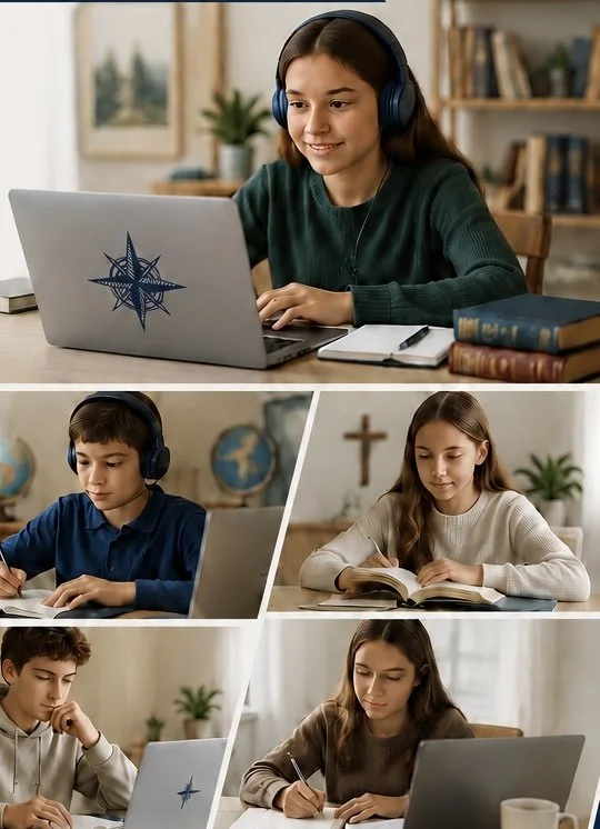 Four students engaged in online learning or studying, each wearing headphones and working at desks with books and laptops in a cozy classroom or study environment.