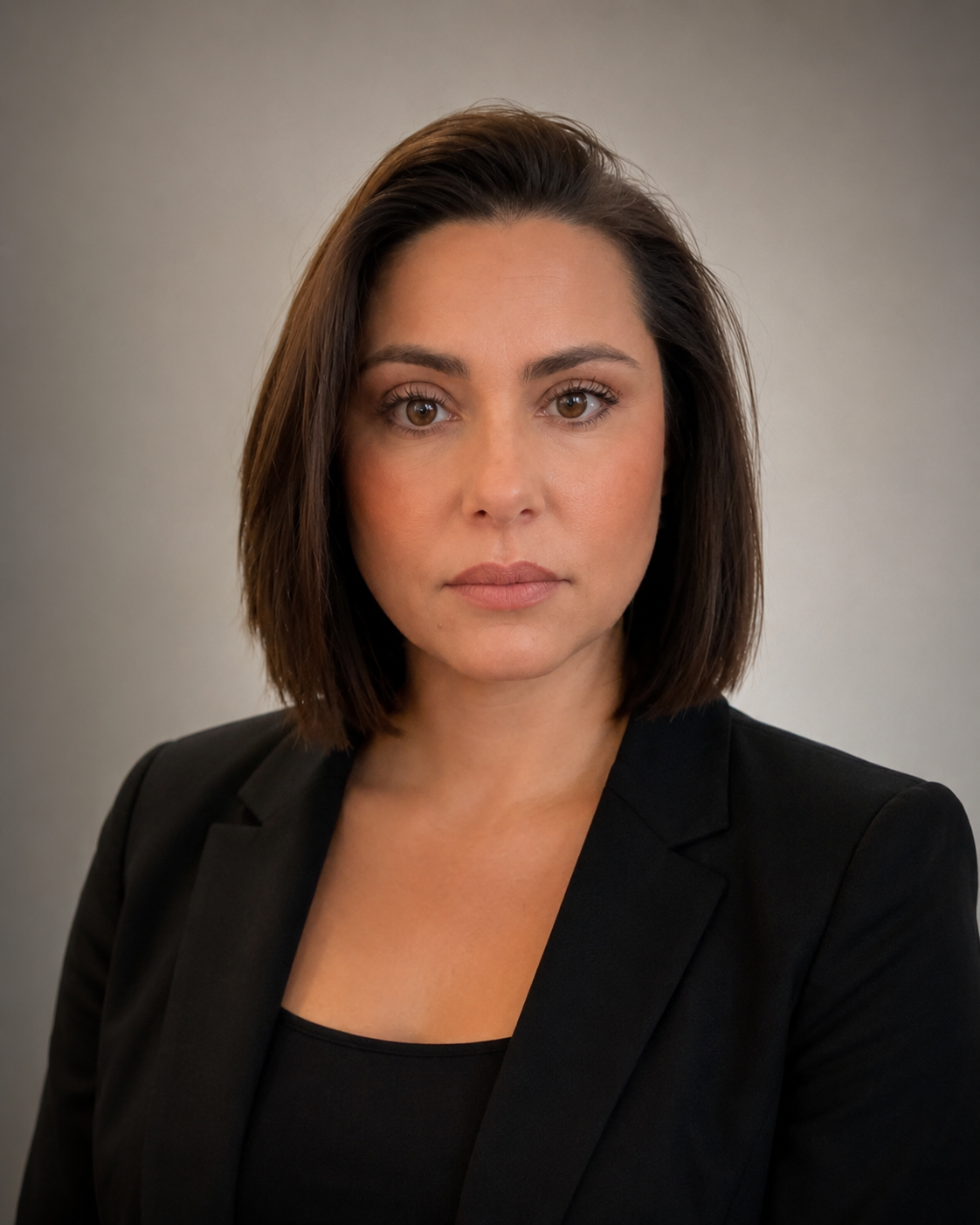 A woman with shoulder-length brown hair, wearing a black blazer and top, looking directly at the camera with a neutral expression, against a plain gray background.