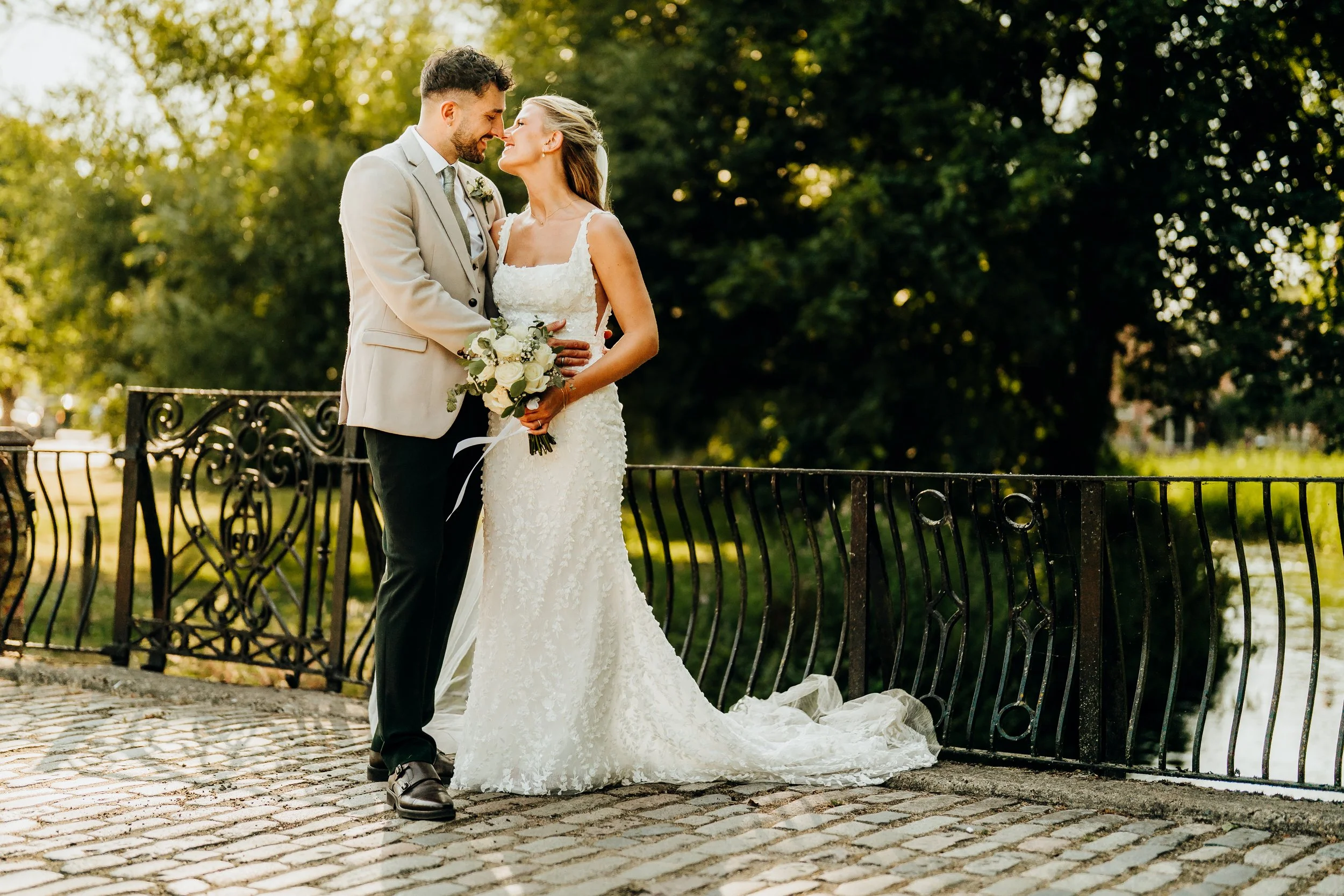 Bride and groom golden hour portrait at The Mill at Elstead wedding venue, Surrey