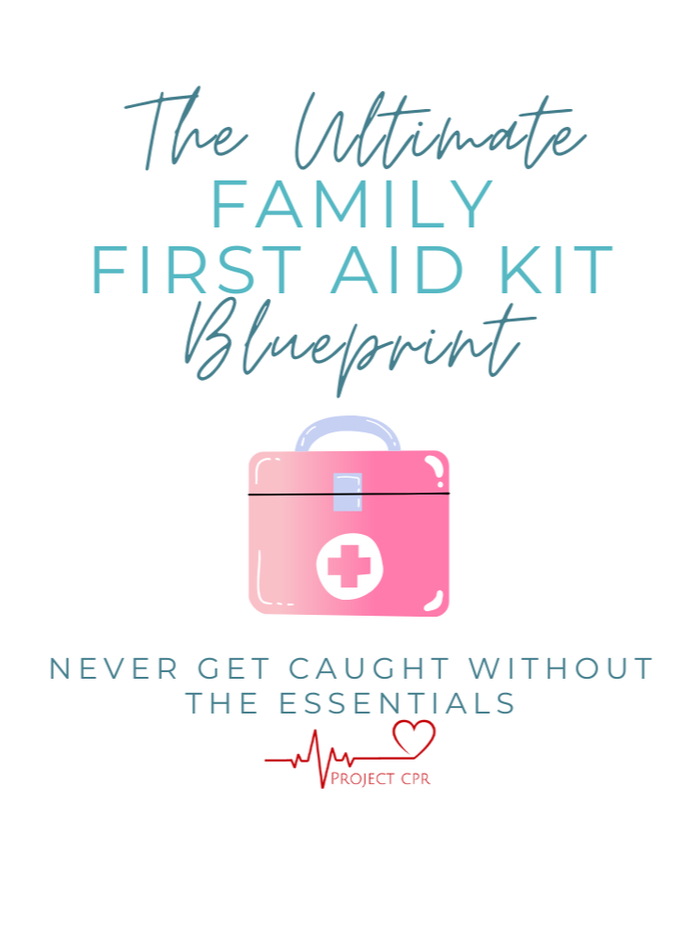 Cover of a first aid kit blueprint booklet featuring a pink first aid kit illustration and text about family first aid essentials, with a Project CPR logo at the bottom.