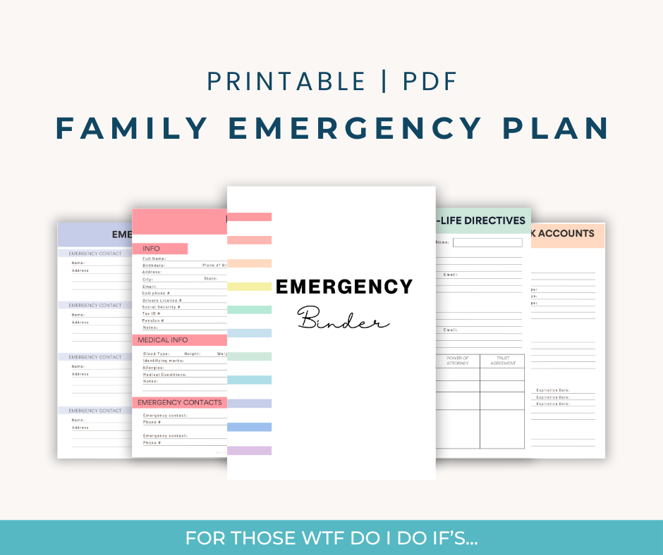 Cover page of a printable family emergency plan PDF, showing various colorful emergency forms for contact information, medical info, and directives, with a title 'Emergency Binder' and a subtitle 'For Those Wtf Do I Do If's'.