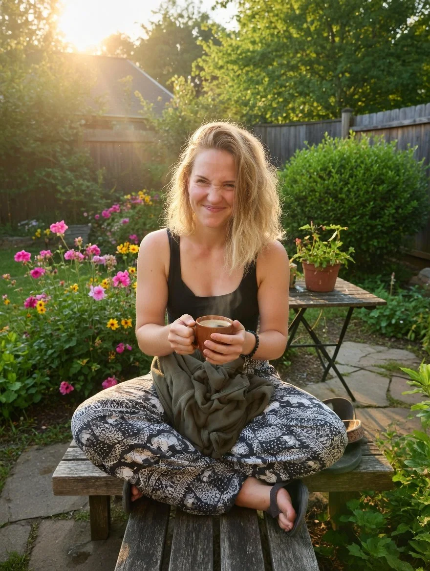 Jo Whalen Paramedic in the Garden at Home with A Cuppa