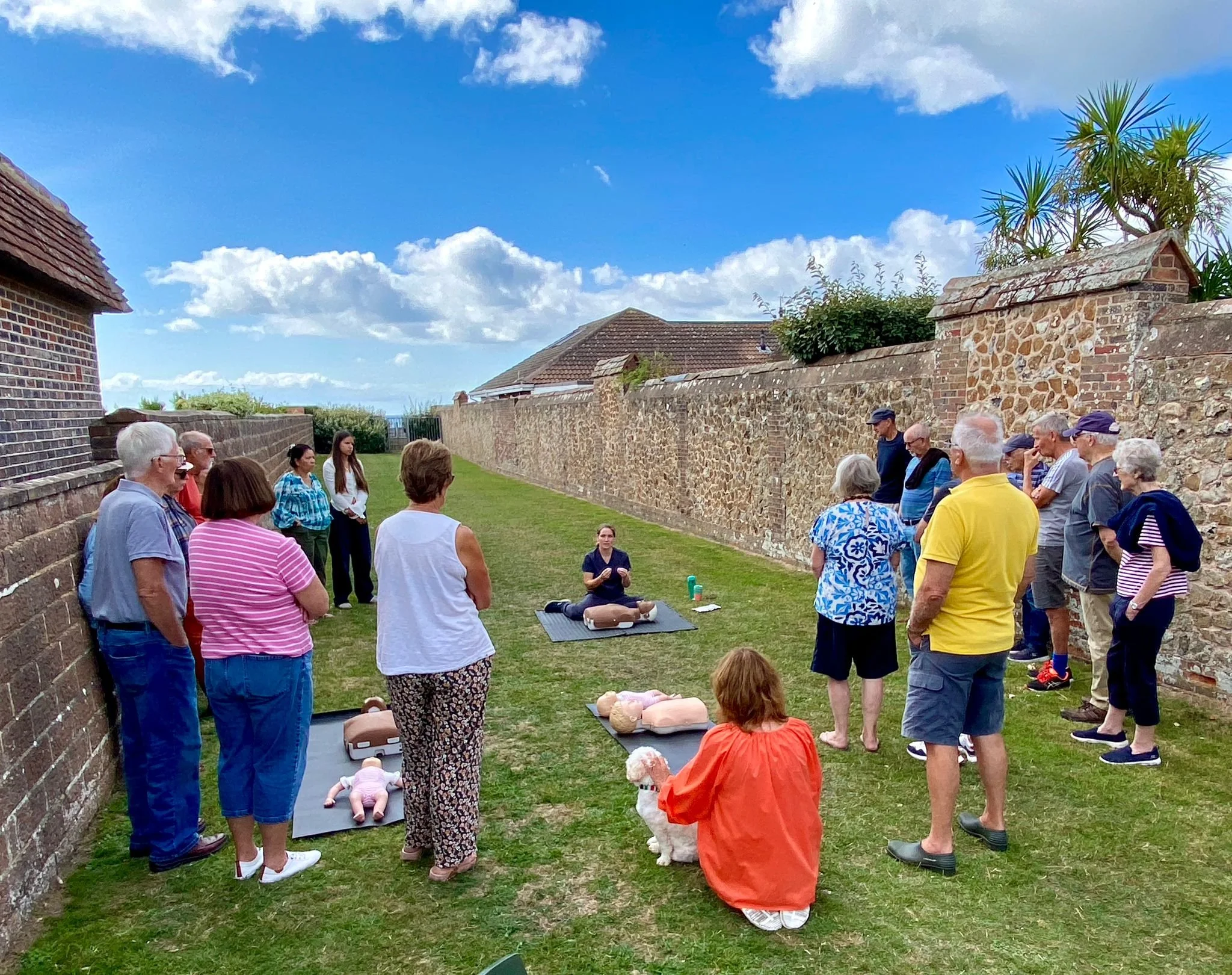 A group of people gathered outdoors around a demonstration of CPR and first aid skills, with display mats and mannequins on the grass, against a backdrop of a brick wall, tiled roofs, and a bright blue sky with clouds. Project CPR