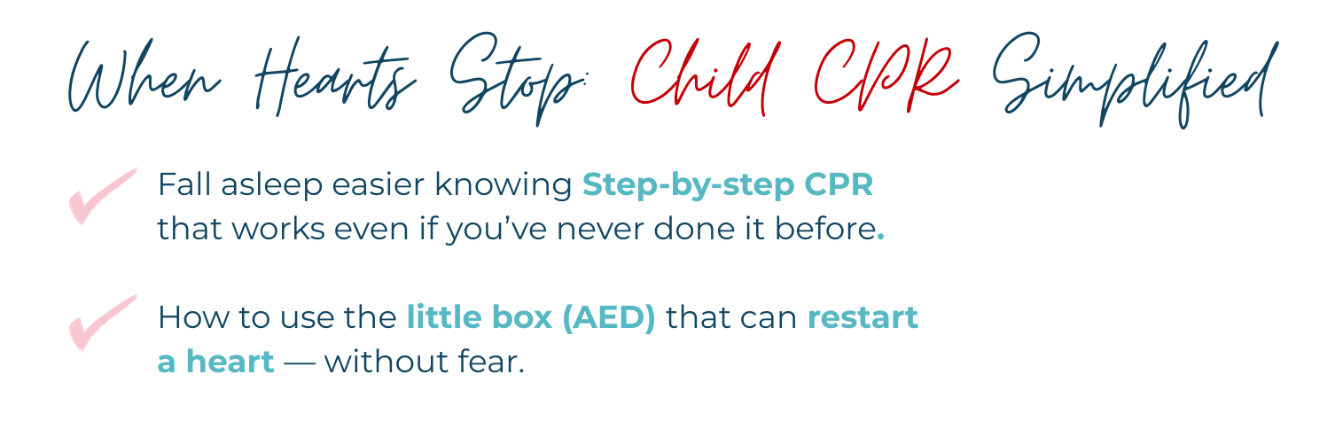 Infographic titled "When Hearts Stop: Child CPR Simplified" with tips on CPR and AED use, featuring checkmarks next to two key points about helping children, including step-by-step CPR and AED use to restart a heart.