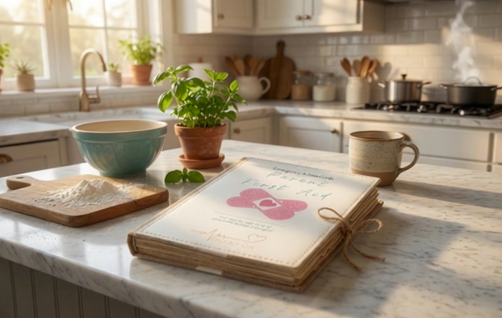 A home kitchen with a marble countertop holding a cookbook, a coffee mug, a blue bowl, a cutting board with flour, and a potted plant. Steam rises from pots on the stove in the background.
