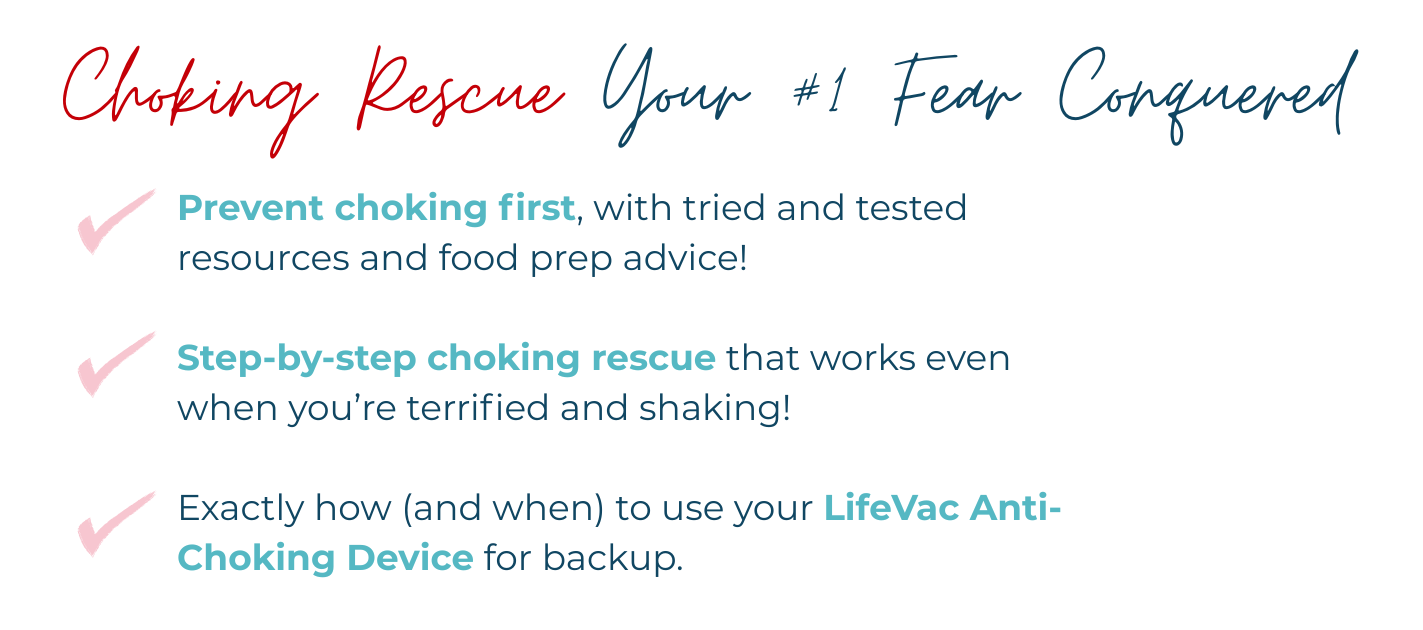 Infographic titled "Choking Rescue Your #1 Fear Conquered" with tips on preventing and rescuing choking emergencies, including resources and food prep advice, step-by-step rescue instructions, and using a LifeVac Anti-Choking Device.