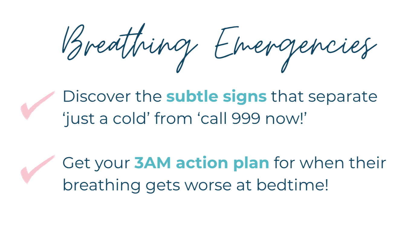 Text graphic with the title "Breathing Emergencies," and tips for recognizing subtle signs of respiratory issues and creating an action plan.