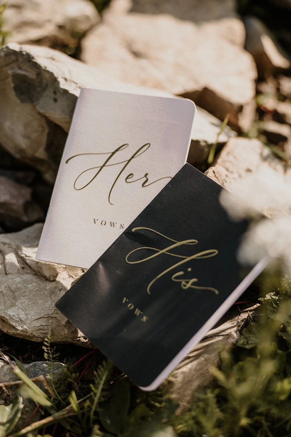Handwritten vow cards resting among rocks and greenery before a Glacier elopement
