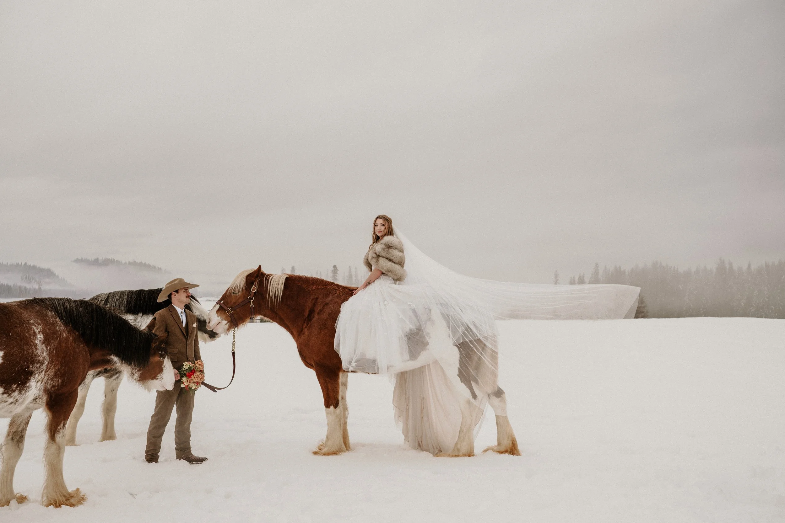 A woman in a white wedding dress sitting on a horse in a snowy landscape, holding a fur stole, with two horses and a man in a cowboy hat and suit standing nearby.