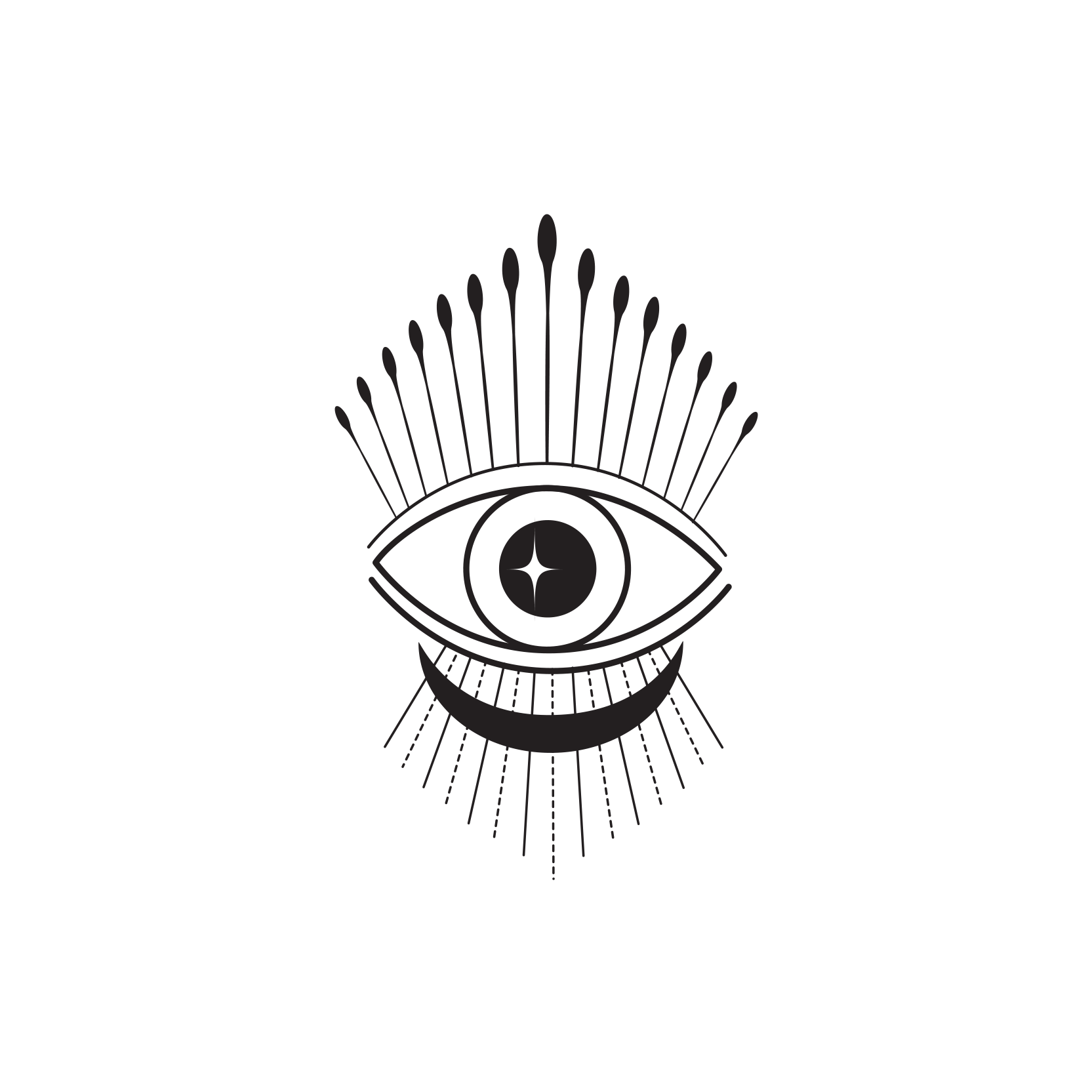 Black background with a line drawing of an eye with a star inside the iris, surrounded by radiating lines and a crescent moon below, with all elements in a mystical or symbolic style.