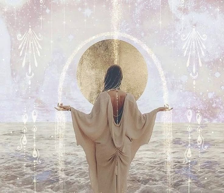 A woman with dark hair in a flowing beige dress standing on a beach, facing away, with arms outstretched towards a large golden circle and a starry, mystical background.