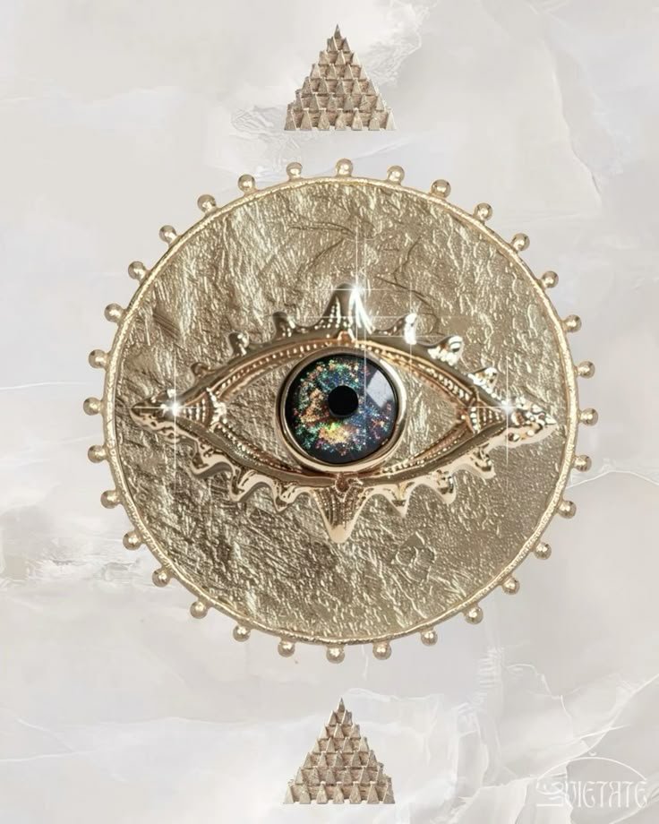 A gold decorative object featuring an eye at the center surrounded by a circular textured surface, with a cosmic galaxy image inside the eye, flanked by two smaller triangle designs above and below.