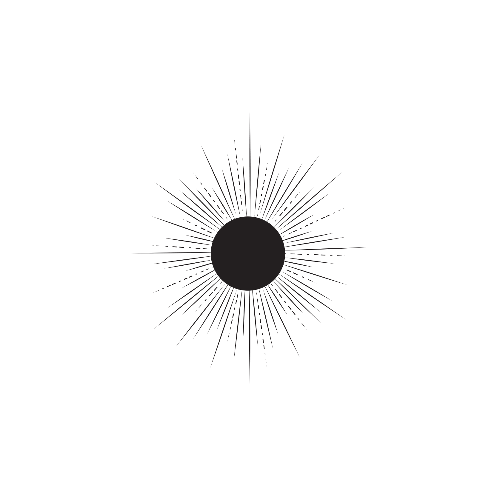 Black background with a central black circle and radiating thin white lines, creating a starburst or sunburst pattern.