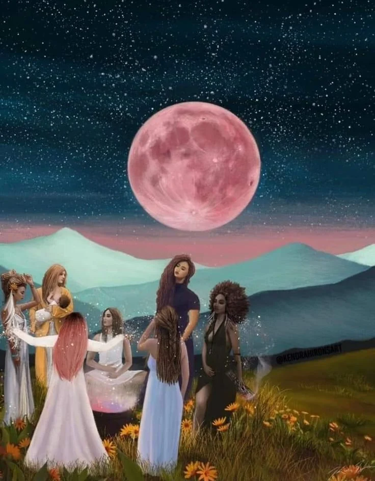 A fantasy scene with seven women standing in a grassy field with orange flowers, under a night sky filled with stars and a large pink moon, mountains in the background.