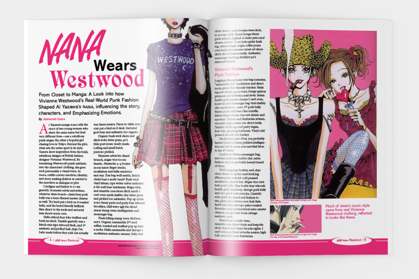 Two-page magazine spread featuring Vivienne Westwood's punk fashion style, with illustrations of women in punk outfits, pink backgrounds, and text discussing Westwood's influence and fashion.