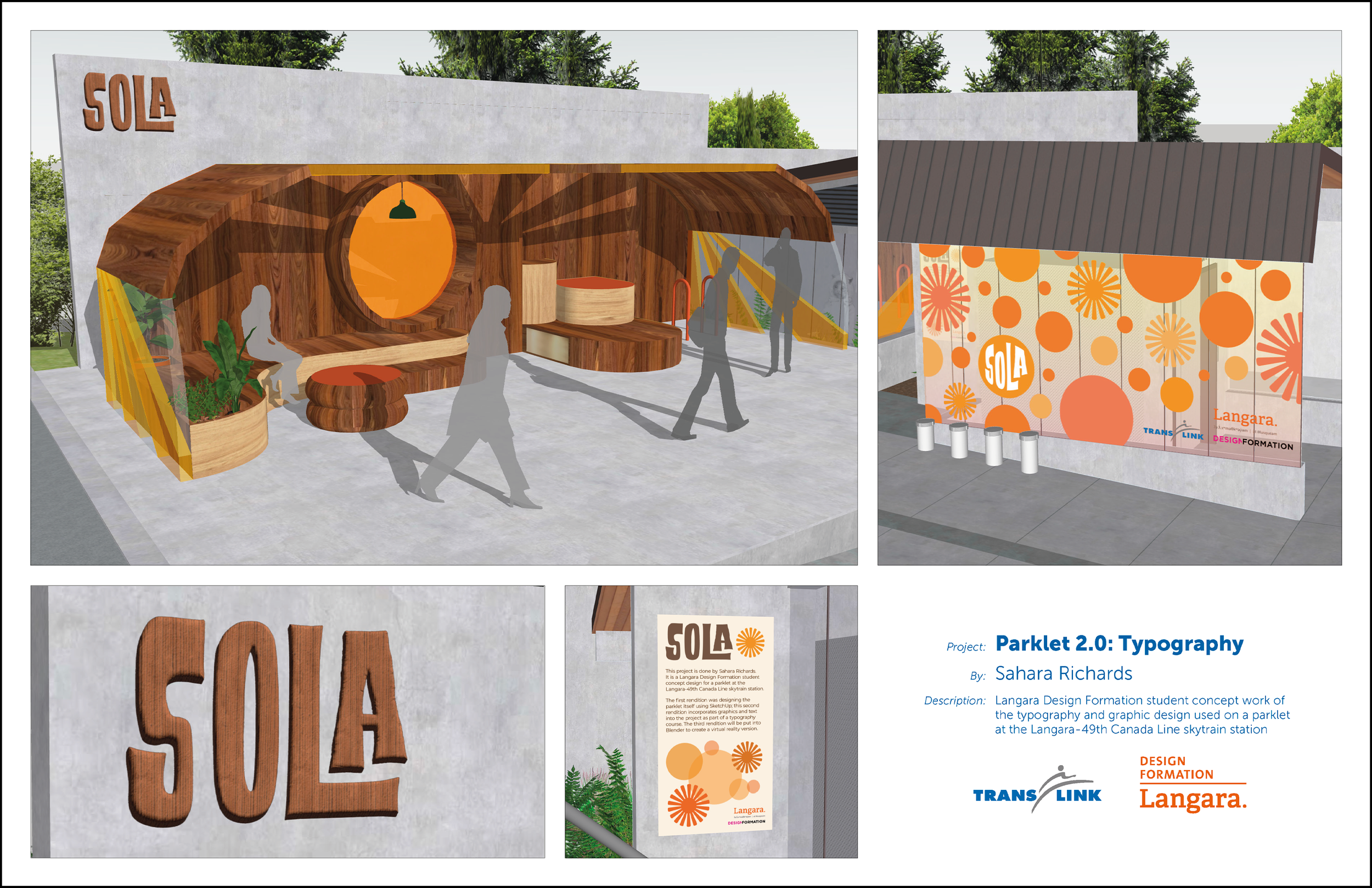Design concept for a parklet at Langara College, featuring a wooden seating area with a circular orange window, greenery, and orange themed graphics on a side wall, with a sign reading 'SOL'.