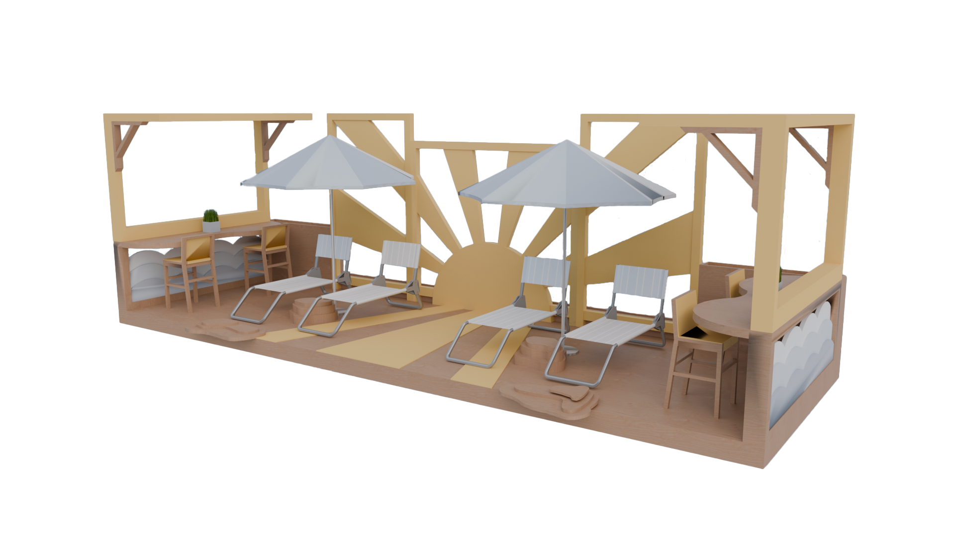 Interior of a miniature room model with sun-themed wall art, lounge chairs with umbrellas, a corner desk with chairs, and decorative elements.
