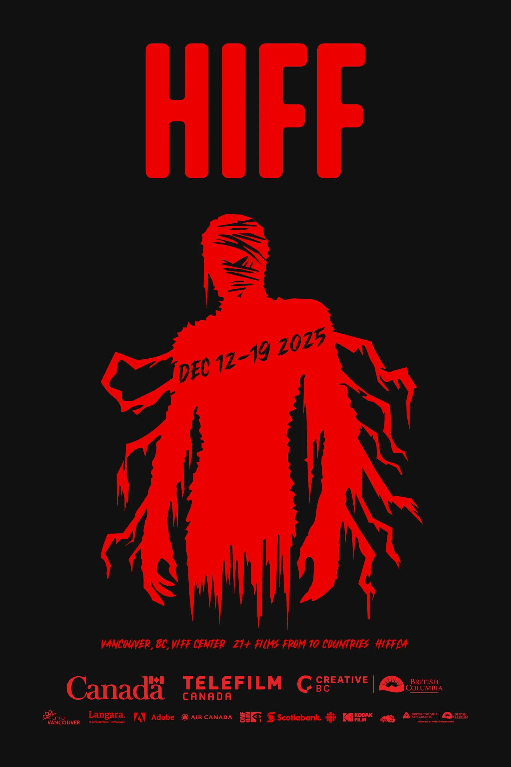 A promotional poster for the HiFF film festival featuring a red silhouette of a person with bandages on their face and falling tears. The event takes place from December 12-19, 2023, in Vancouver, BC, at Viff Center, with over 21 films from 10 countries. The poster includes logos of sponsors like Canada, Telefilm Canada, British Columbia, Adobe, Air Canada, Scotiabank, Kodak Film, and others.