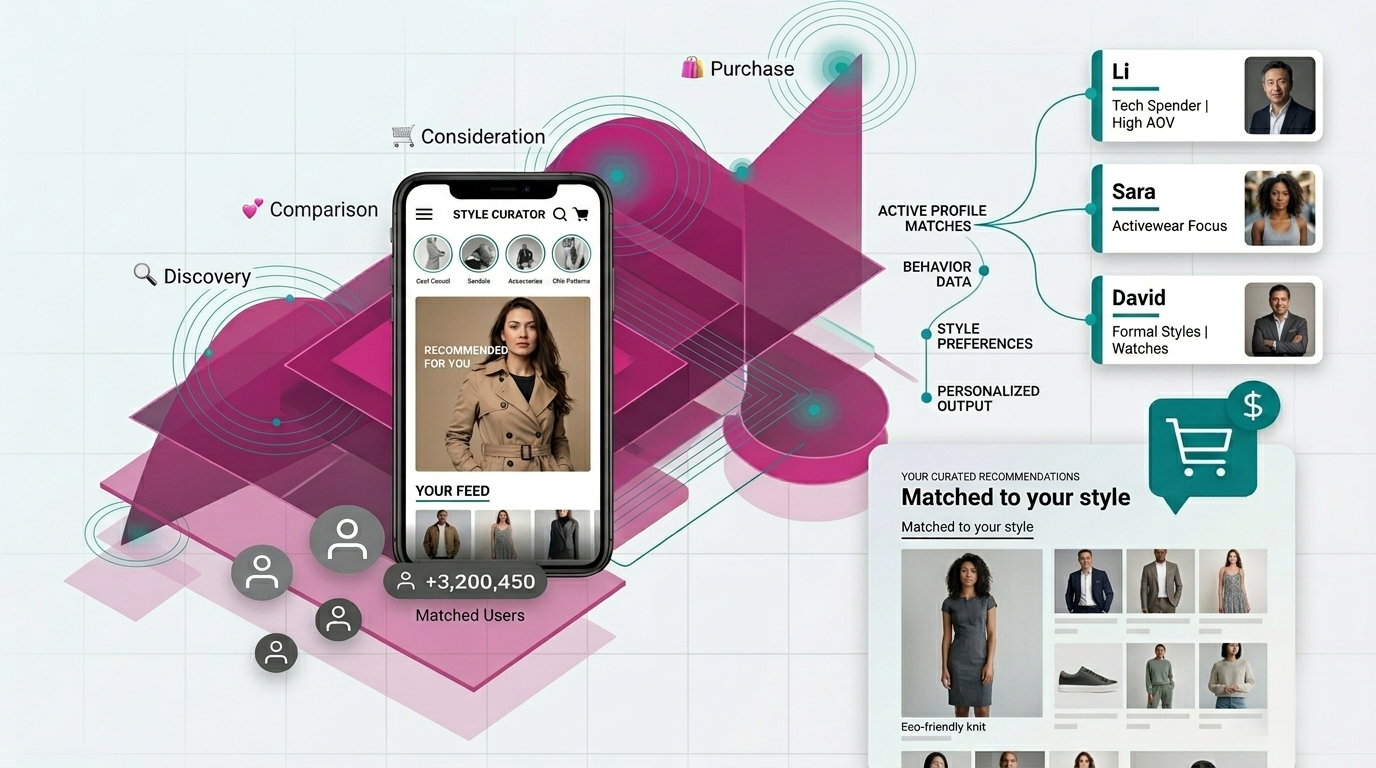 Diagram of a fashion shopping app showing a personalized user journey from discovery to purchase with AI-driven style recommendations.