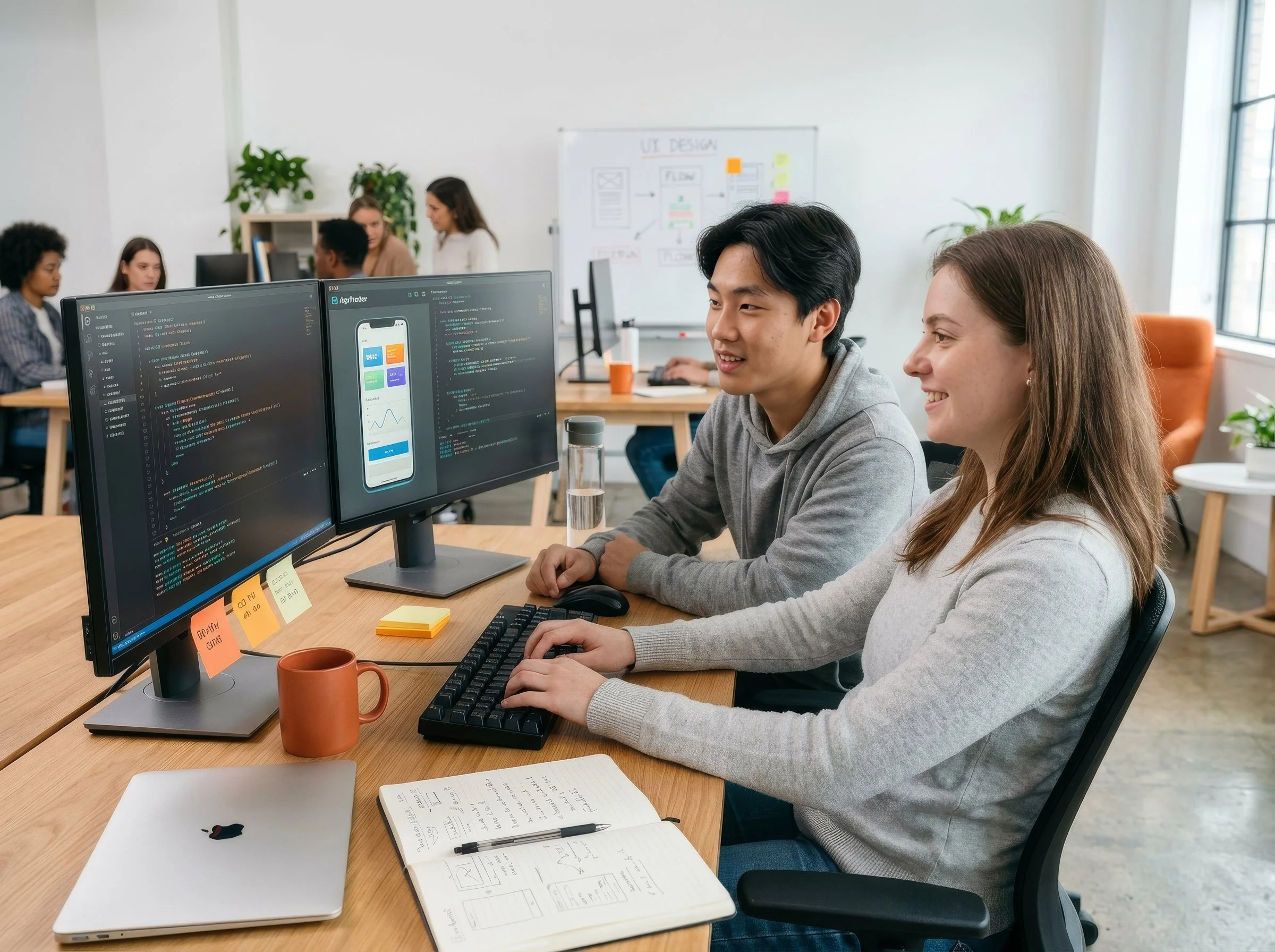 Two students pair programming at a desk with monitors