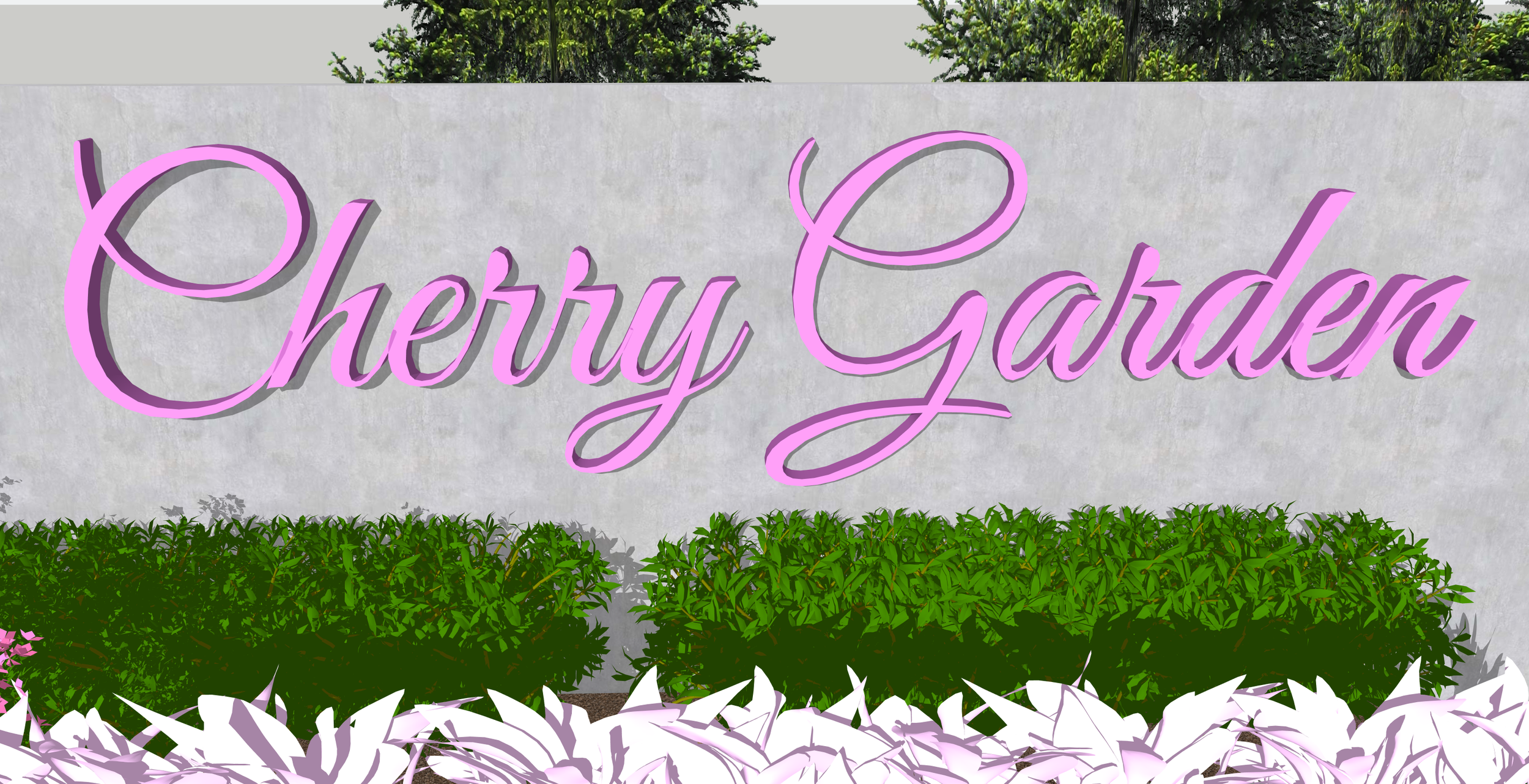 A concrete wall with the pink neon sign reading 'Cherry Garden' in cursive script, surrounded by green plants and purple-white flowers at the base.