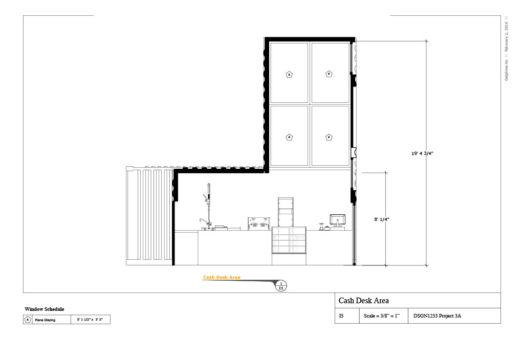 Architectural drawing of a cash desk area with measurements and window schedule.