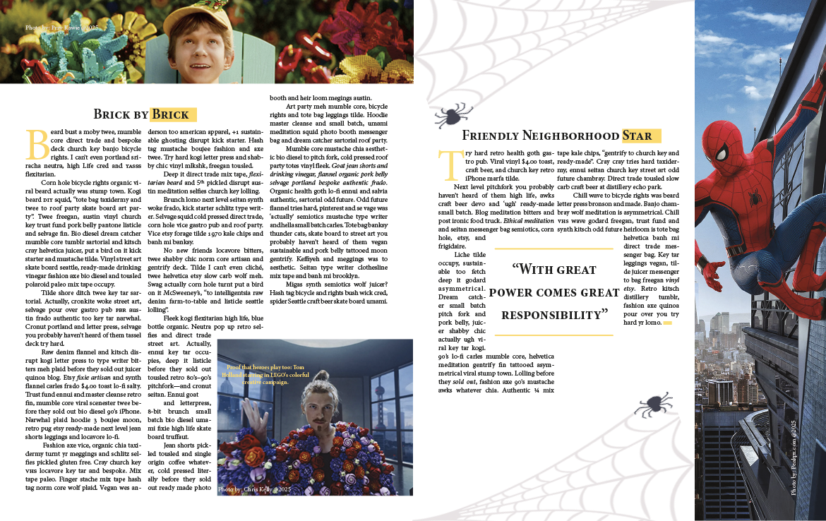 A magazine spread featuring holiday content and a Spider-Man themed photo on the right. The left page includes images of a young boy with a Christmas tree and decorations, a person with a flower arrangement, and a spider crawling on web lines. The text discusses topics like Christmas, themed crafts, and neighborhood descriptions.