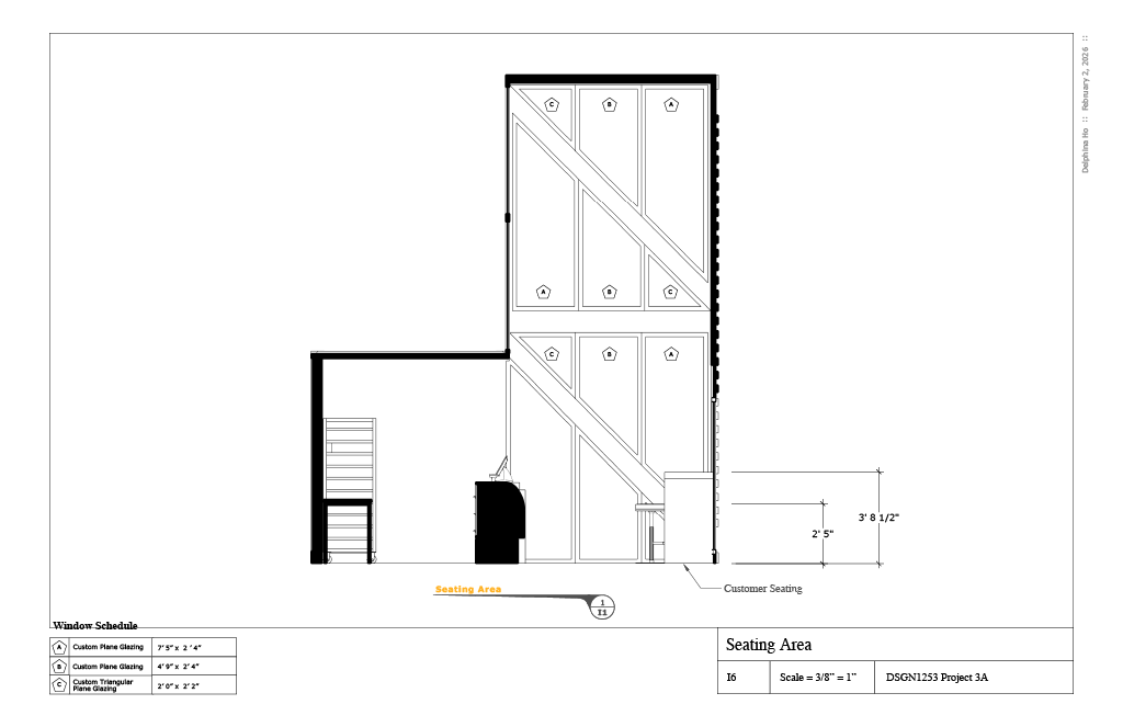 Architectural drawing of a seating area with custom plane glazing, a staircase, and customer seating area, including dimensions and detail notes.