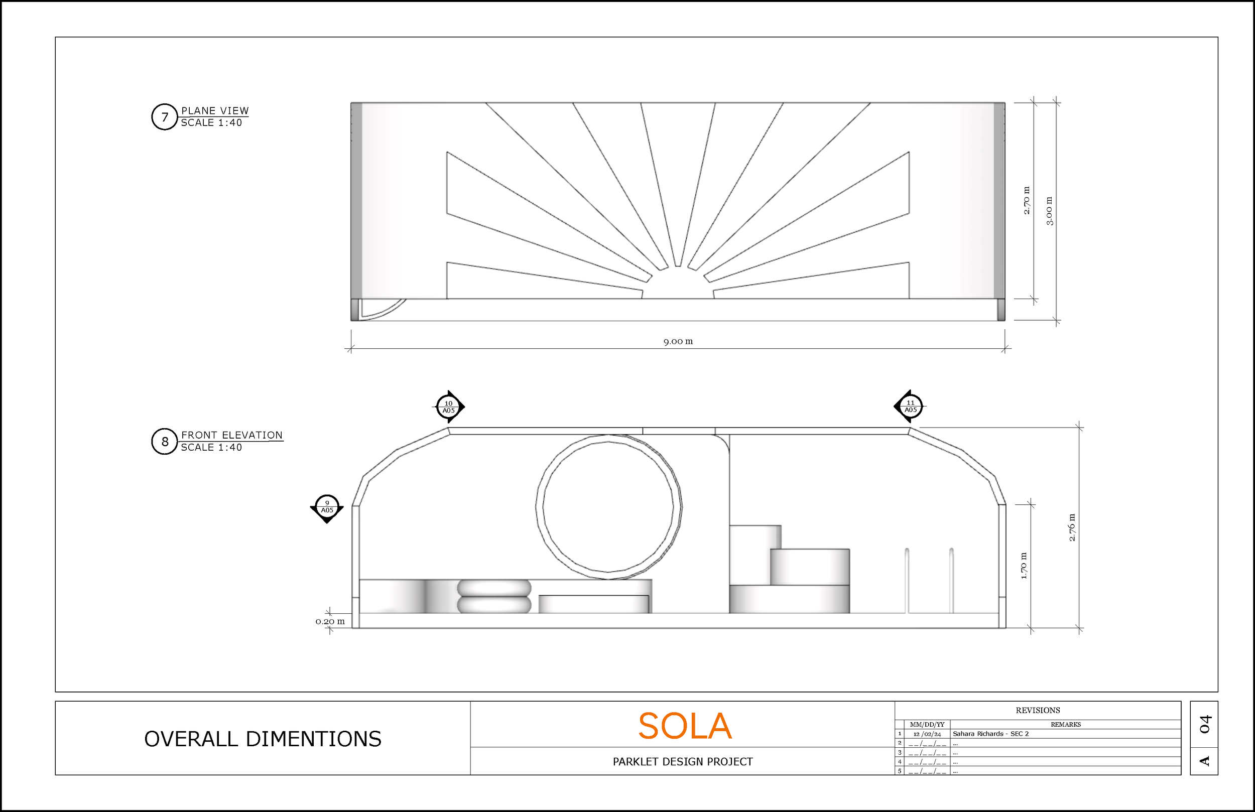 Architectural plan drawing of a parklet design project, showing overall dimensions and front elevation view, with a layout including a circular feature and various structural elements.