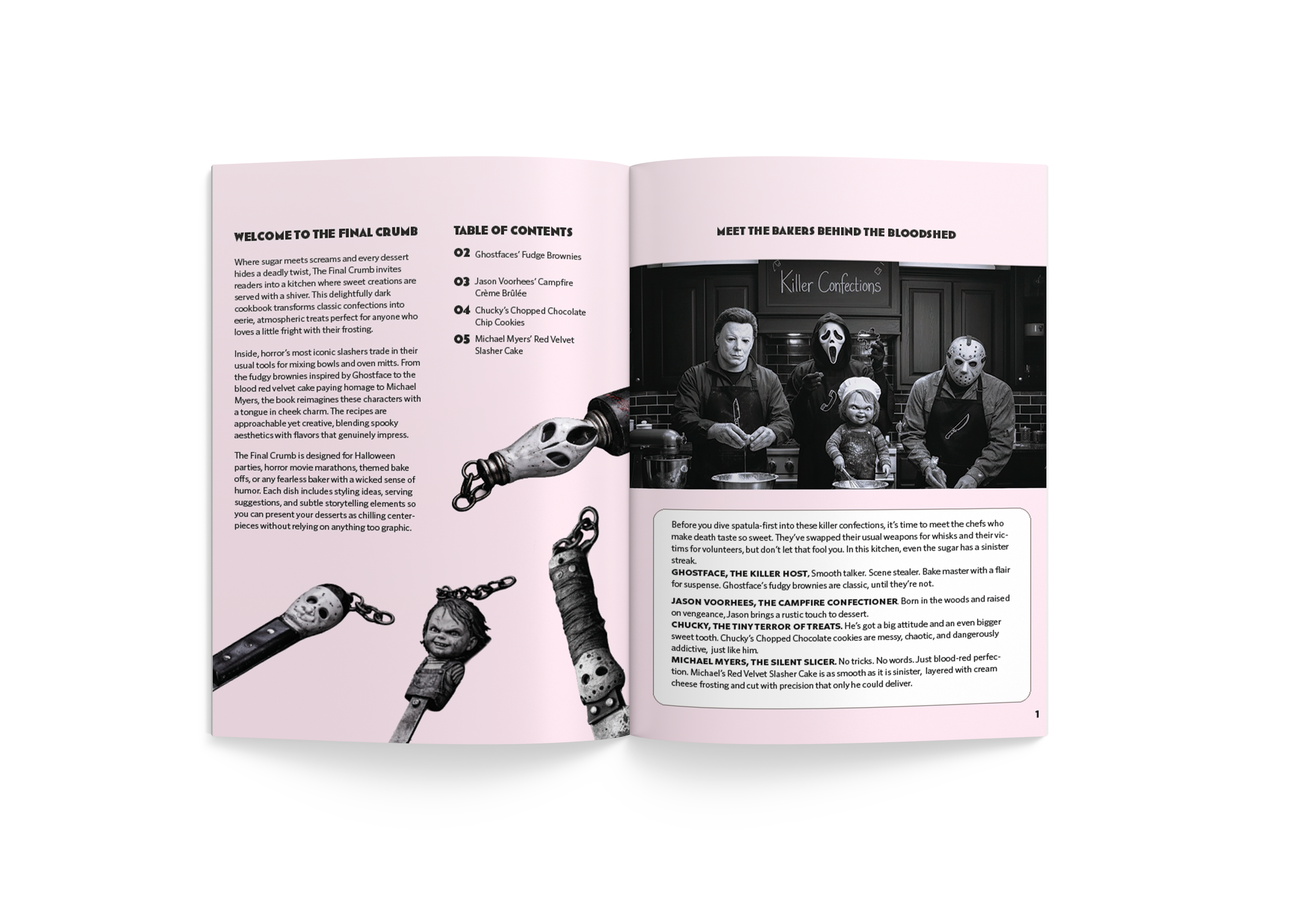 Open magazine featuring Halloween-themed recipes, including a black-and-white photo of people in costumes with masks, and illustrations of chains and knives.