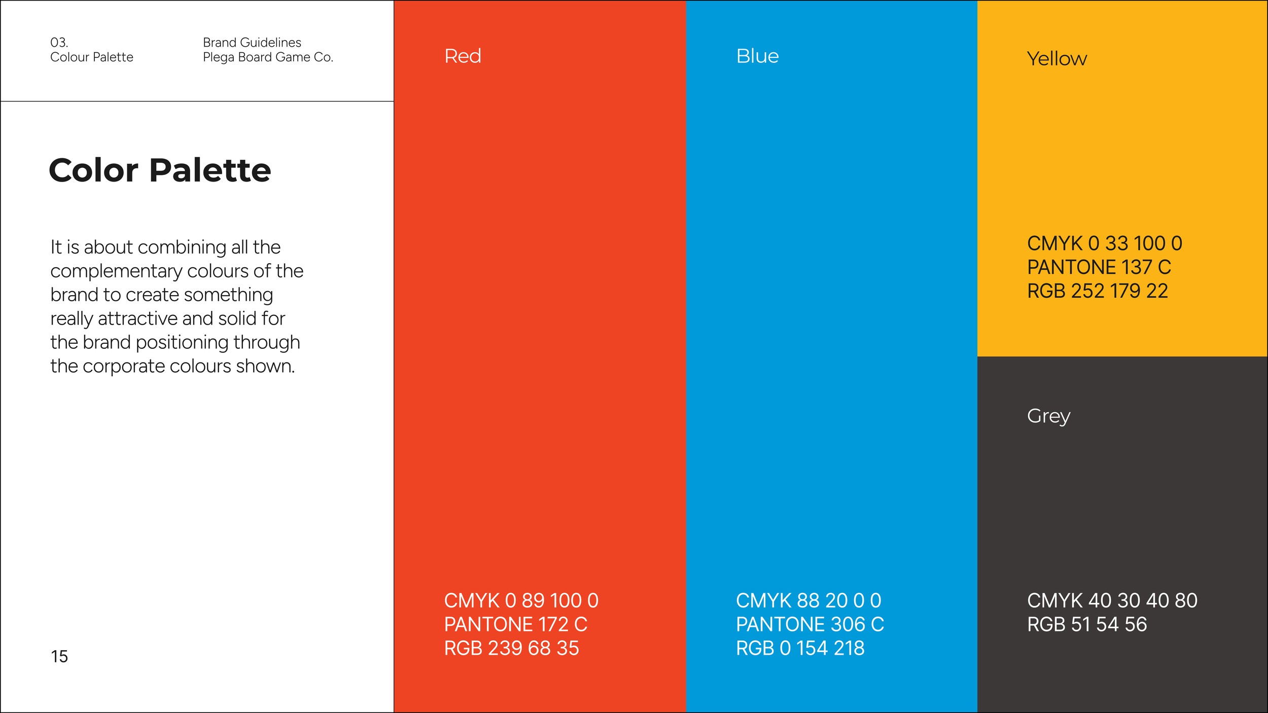 A guide for brand color palettes, showing red, blue, yellow, and grey. Each color section includes CMYK, PANTONE, and RGB values, with accompanying descriptive text.