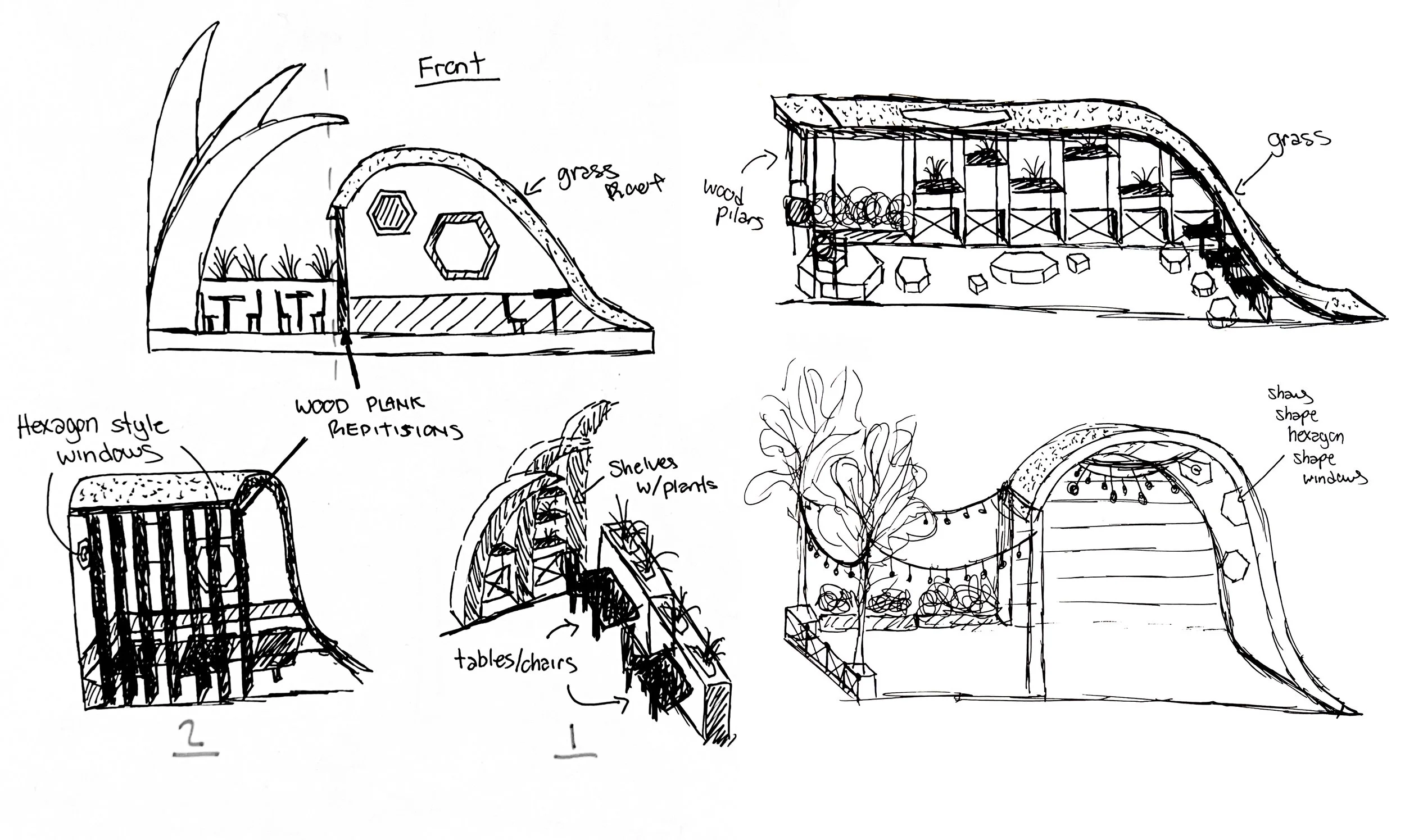Sketches of various indoor and outdoor garden structures. The drawings include a hexagon-style window, a greenhouse with wood pallets and plants, a table with chairs, a space with shelves and plants, a structure with string lights and outdoor decor, and notes about materials and design elements.
