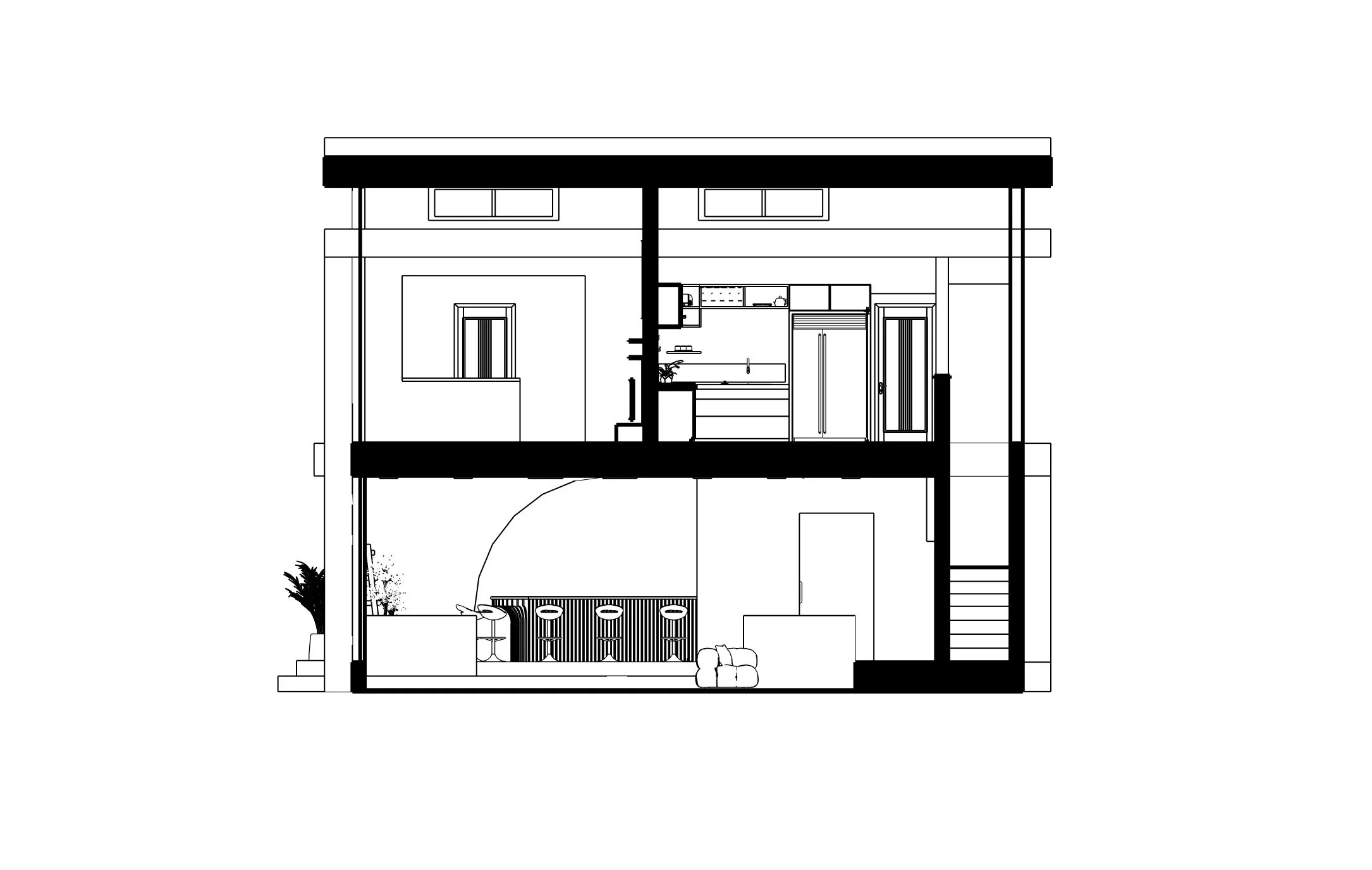 Cross-sectional black and white architectural drawing of a two-story house showing interior layout, rooms, stairs, and furnishings.