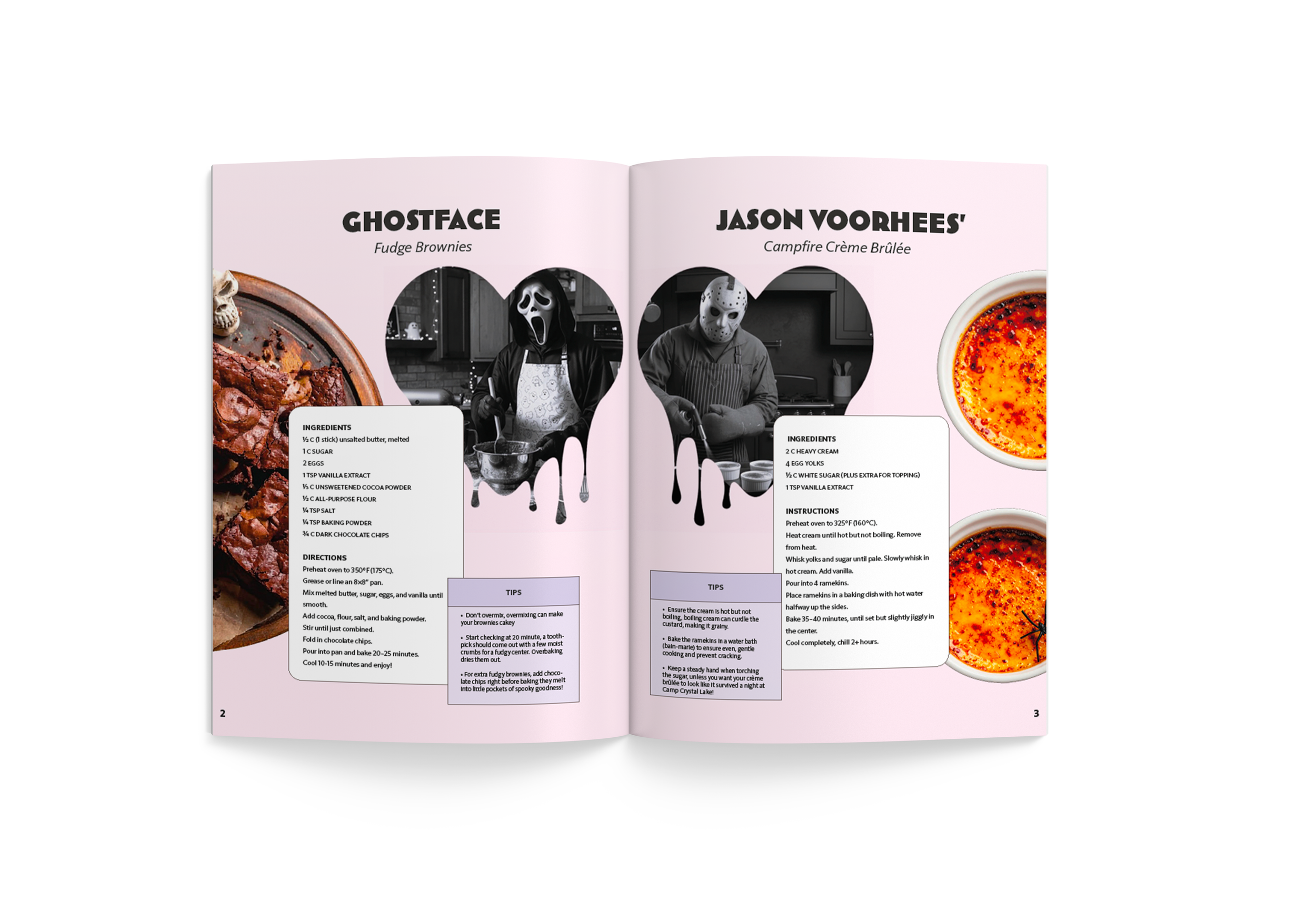 An open cookbook displaying recipes for ghostface fudge brownies and Jason Voorhees campfire creme brulee, with baking instructions and images of each dessert.