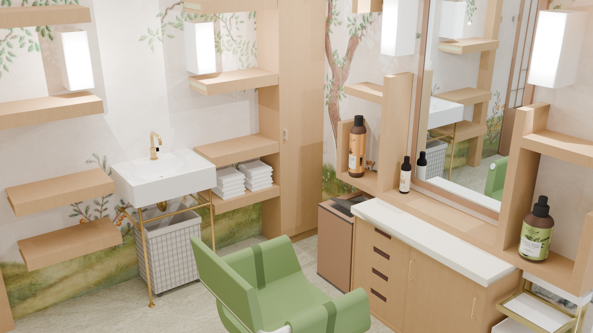 Interior of a room with light wood shelving, a small white sink, and a large mirror. There are skincare bottles on the shelves, a wire basket, green chairs, and a mural with a tree on the wall.