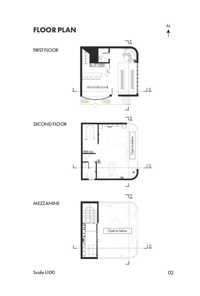 Architectural floor plan of a three-story house showing the first floor, second floor, and mezzanine levels with room layouts and labels.