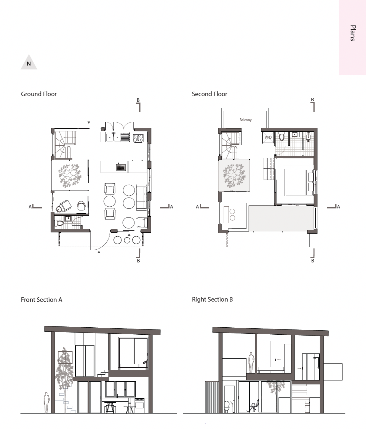 Architectural floor plan of a two-story house with ground and second floors, including section views.