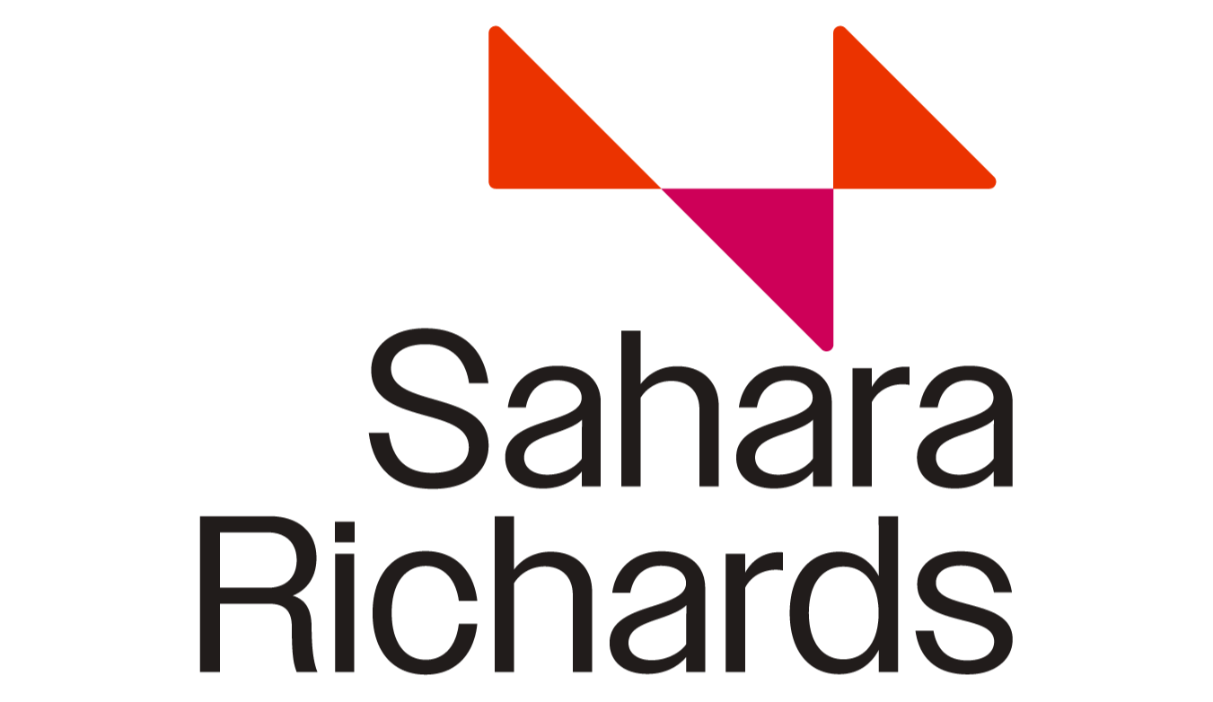Logo of Sahara Richards with a geometric design above the name.