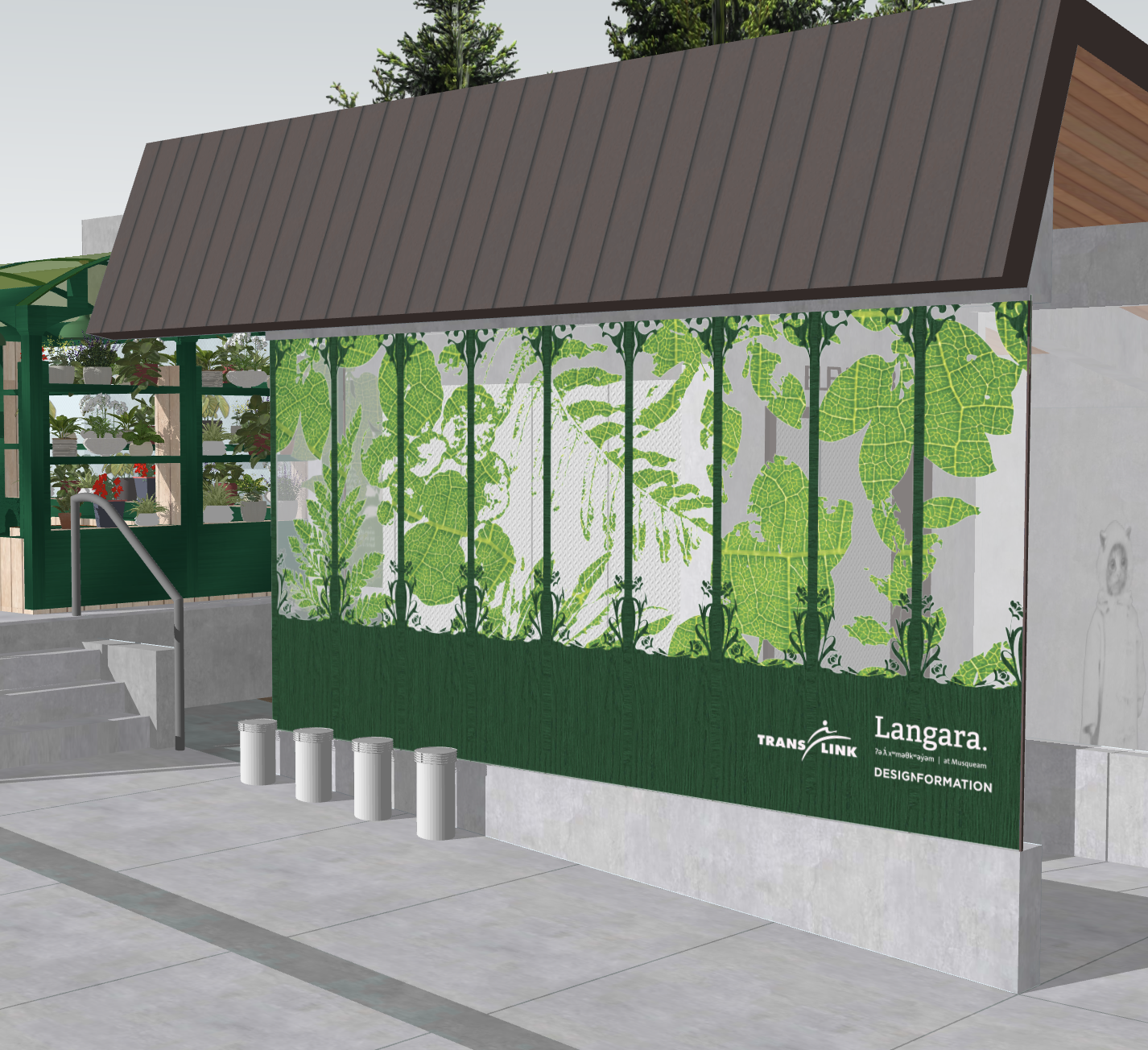 A vending area with a decorative green fence featuring large leafy plant patterns and a sign that reads "Langara" with additional text about design and location. In the background, there are shelves with potted plants and red flowers.